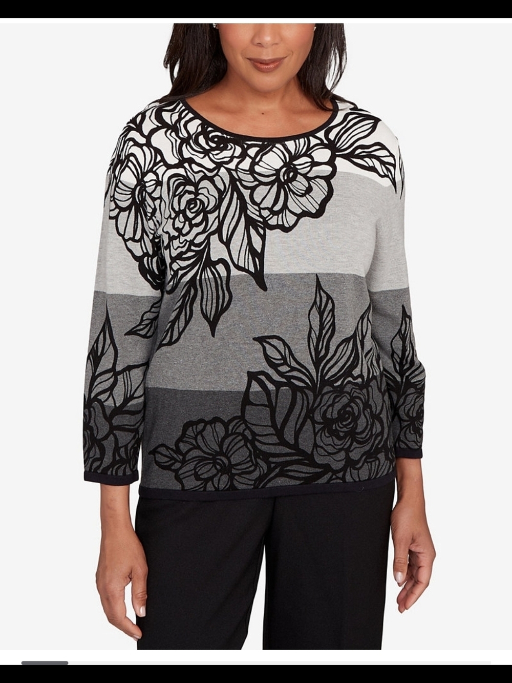 Petite Ombre Floral Stripe  Black and Gray Floral Stripe Knit Top Sweater
